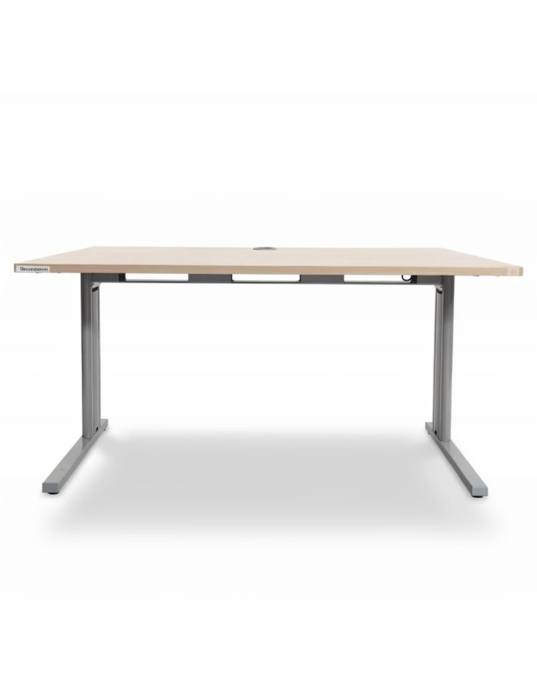 Used desk 140 x 80 cm, height 70 cm, gray metal legs, wood-colored tablet