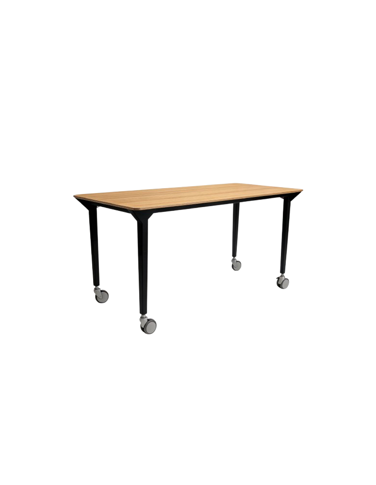 Used large table on wheels, veneered top, black metal legs