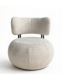 Used upholstered armchair, rounded shape, white boucle upholstery