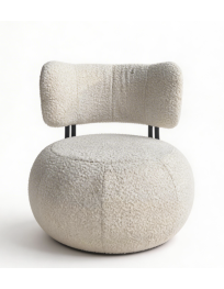 Used upholstered armchair, rounded shape, white boucle upholstery