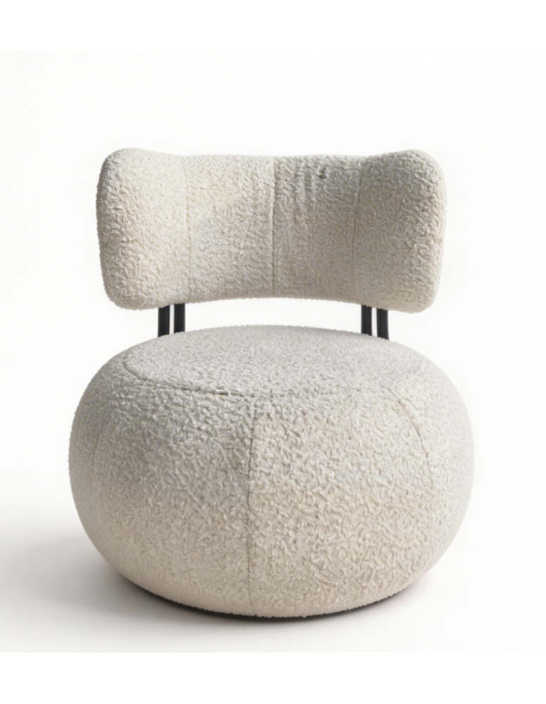 Used upholstered armchair, rounded shape, white boucle upholstery