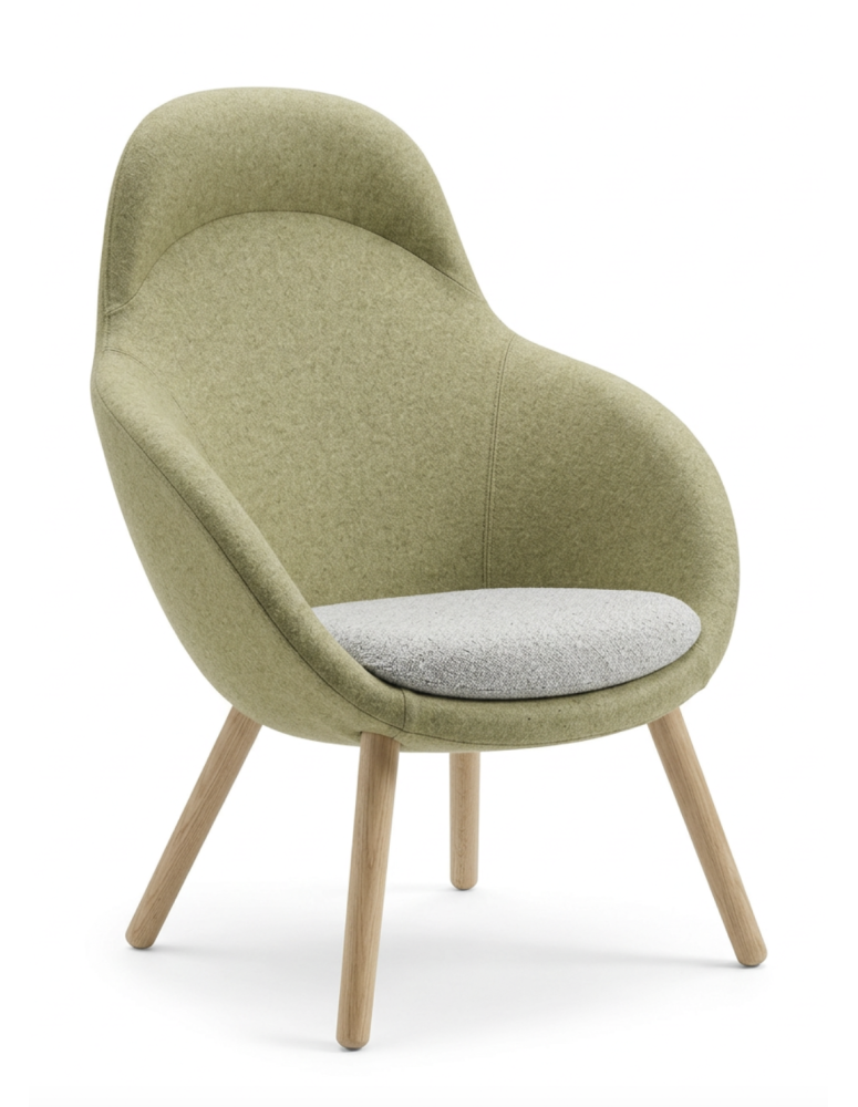 Used VIENI Wood Bejot armchair, light green upholstery, wooden legs