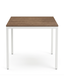 Used square table 80×80 cm, walnut-colored top, white metal legs