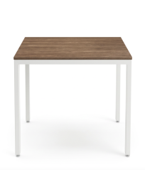 Used square table 80×80 cm, walnut-colored top, white metal legs