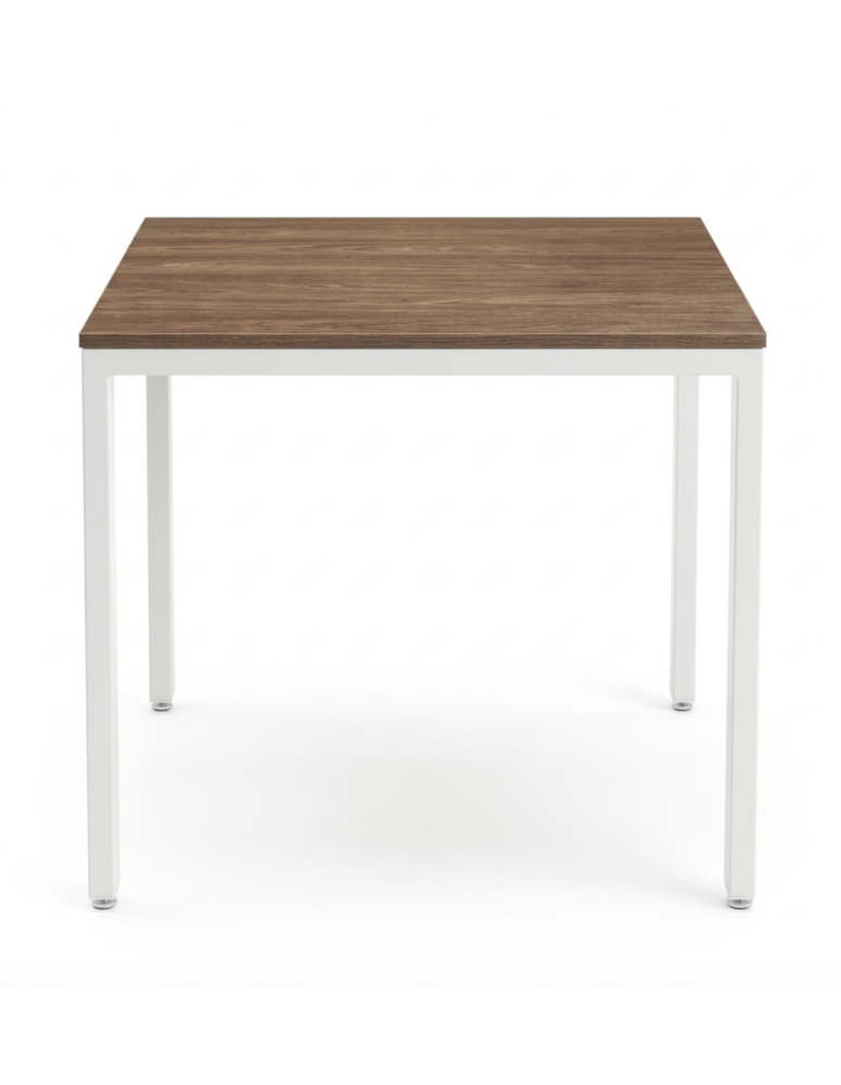 Used square table 80×80 cm, walnut-colored top, white metal legs