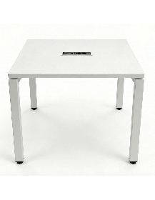 Used square table 80×80×74 cm, white, with media port, 4 white legs