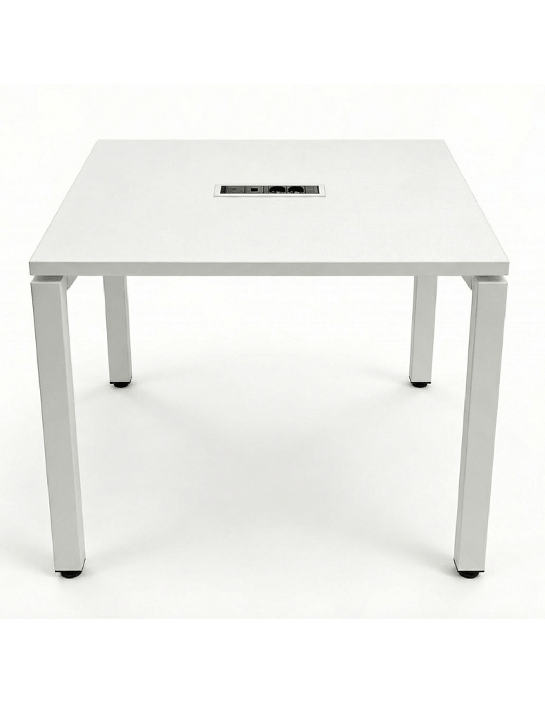 Used square table 80×80×74 cm, white, with media port, 4 white legs
