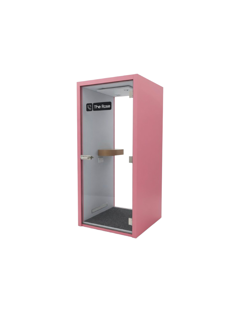 Used one-person acoustic booth, pink, with built-in table