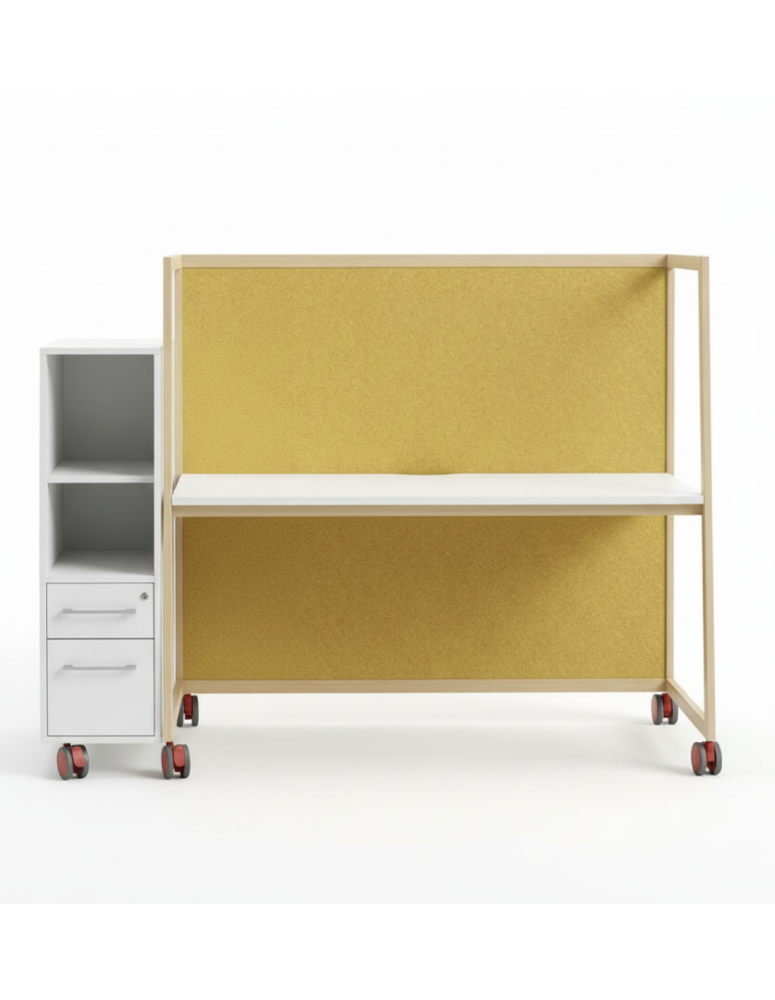 Used High Mobile Desk 180 × 63 cm with Side Cabinet and Drawers – Yellow-Green