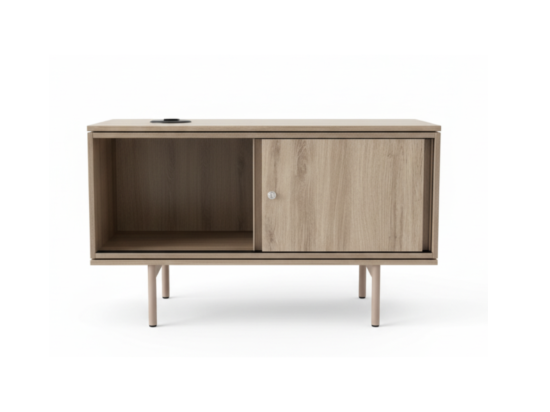 Używana szafka RTV na nóżkach w kolorze drewna z przesuwnymi drzwiami