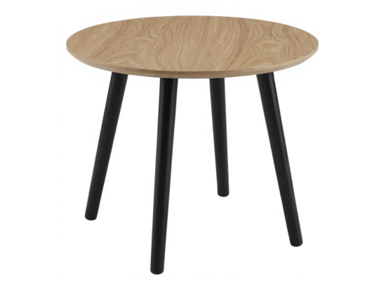 Używany mały stolik okrągły 4 nogi czarne blat w kolorze drewna 50 cm średnicy