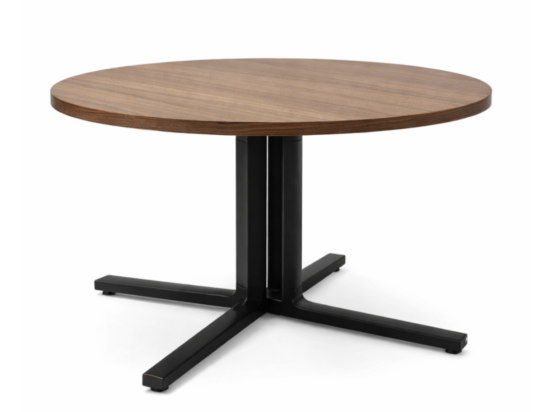 Używany stolik kawowy z drewnopodobnym blatem, Średnica 75 cm