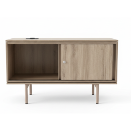 Używana szafka RTV na nóżkach w kolorze drewna z przesuwnymi drzwiami