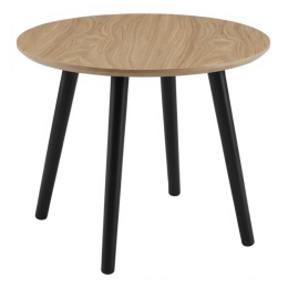 Używany mały stolik okrągły 4 nogi czarne blat w kolorze drewna 50 cm średnicy