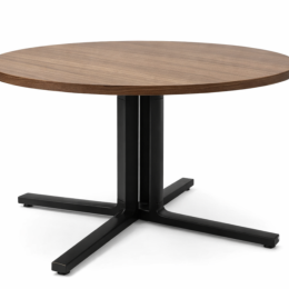 Używany stolik kawowy z drewnopodobnym blatem, Średnica 75 cm